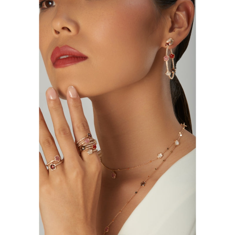Figlia dei Fiori Hoop Earrings in 18K Rose Gold with Pink Chalcedony, Red Garnet, White Moonstone, Smoky Quartz, Carnelian, White and Champagne Diamonds.