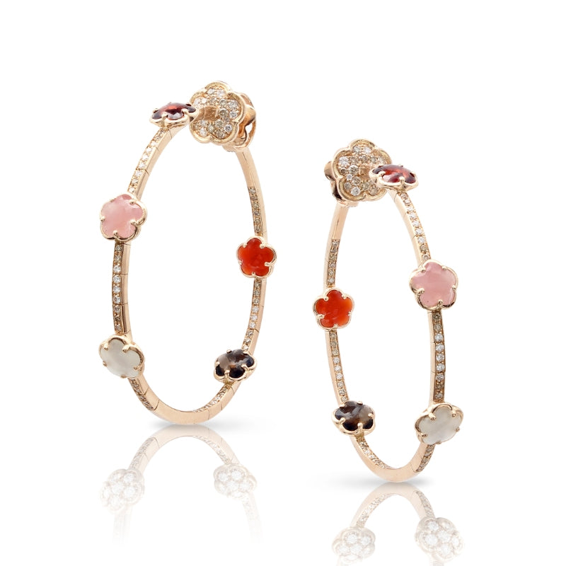 Figlia dei Fiori Hoop Earrings in 18K Rose Gold with Pink Chalcedony, Red Garnet, White Moonstone, Smoky Quartz, Carnelian, White and Champagne Diamonds.