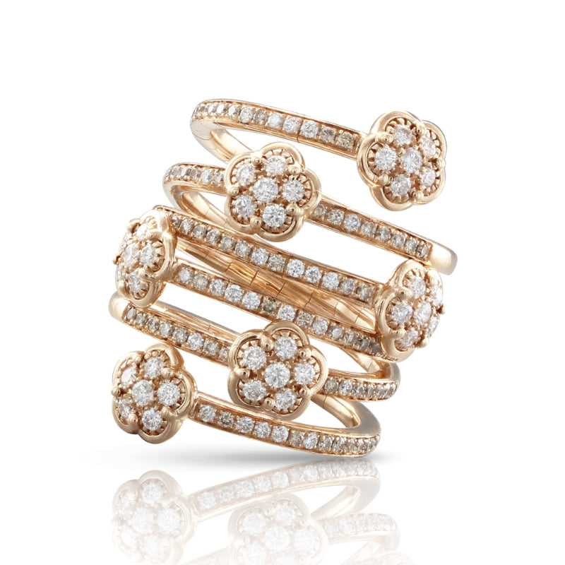 Figlia dei Fiori Six Flowers Twist Ring in 18K Rose Gold with White and Champagne Diamonds.
