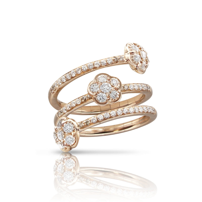 Figlia dei Fiori Three Flowers Twist Ring in 18K Rose Gold with White and Champagne Diamonds.