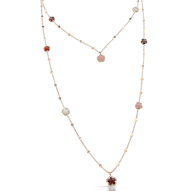 Figlia dei Fiori Sautoir in 18K Rose Gold with Pink Chalcedony, Red Garnet, White Moonstone, Smoky Quartz, Carnelian and White Diamonds.