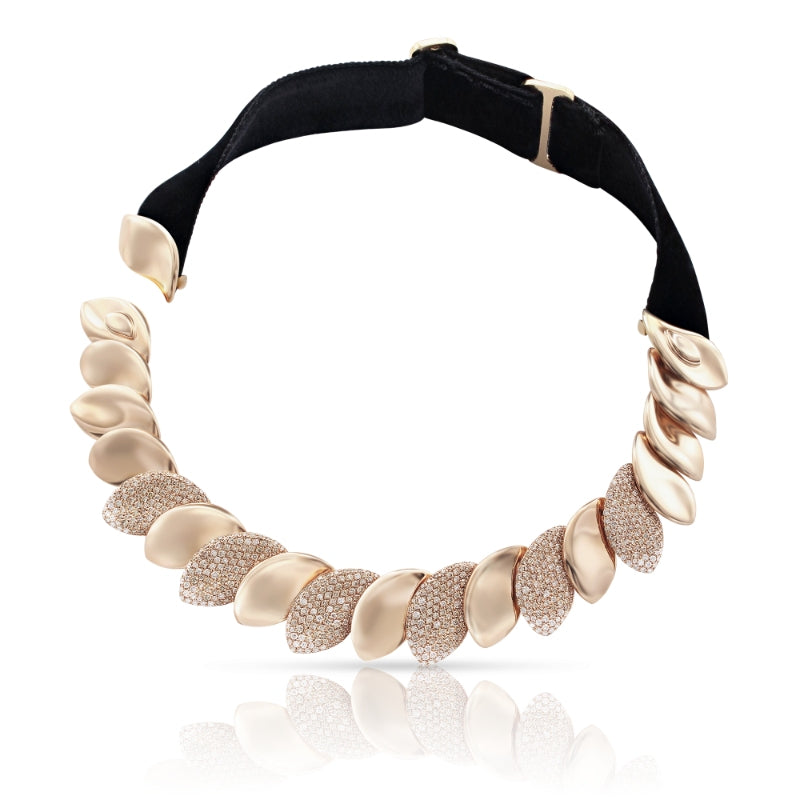 Alelui&aacute; Choker Combination in 18K Rose Gold and Velvet with White and Champagne Diamonds.