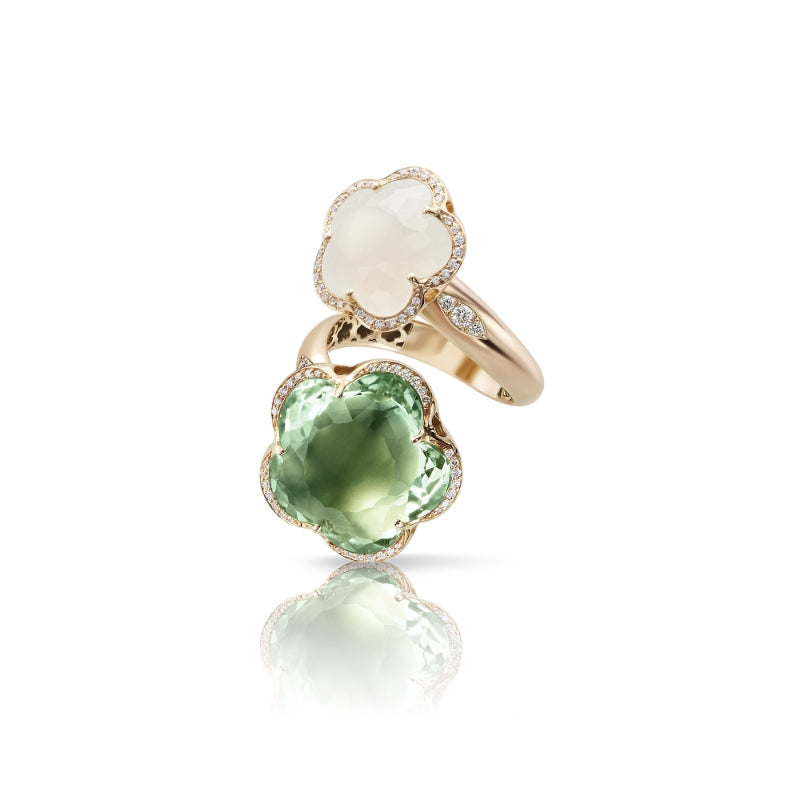 Bon Ton Dolce Vita Contrari&eacute; Ring in 18K Rose Gold with Prasiolite, Milky Quartz and White Diamonds.