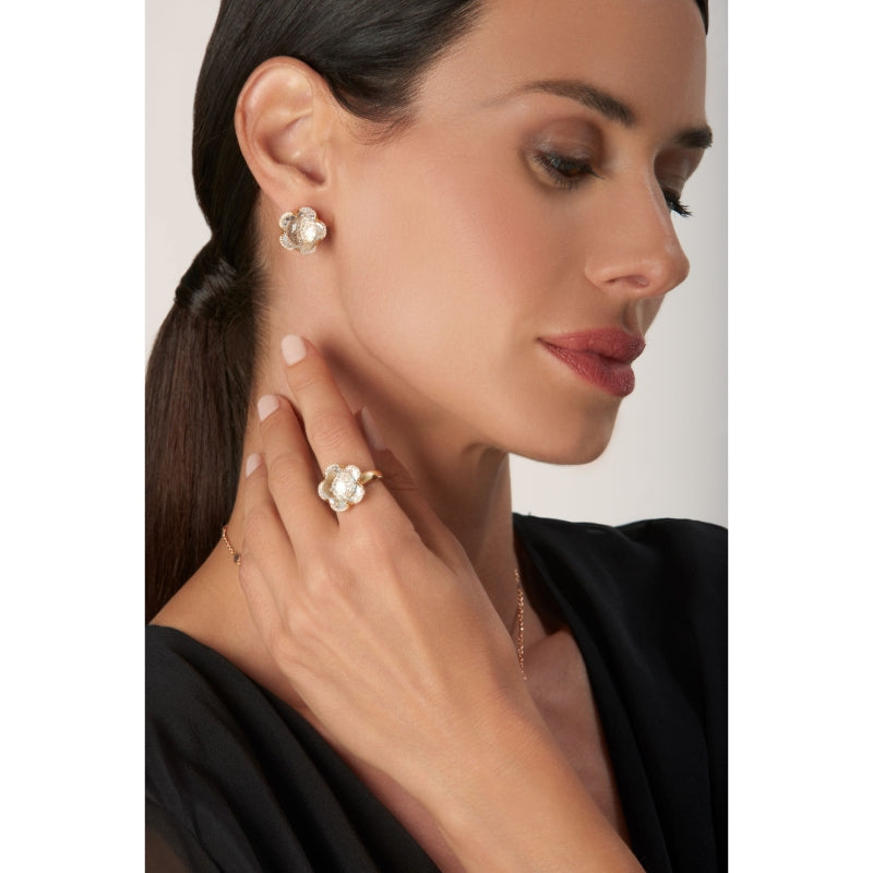 Bon Ton Ring in 18K Rose Gold with Rock Crystal, White and Champagne Diamonds.