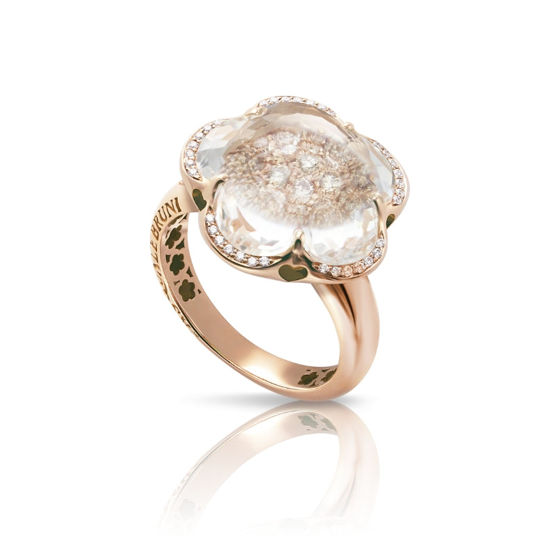 Bon Ton Ring in 18K Rose Gold with Rock Crystal, White and Champagne Diamonds.