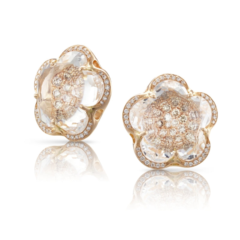Bon Ton Stud Earrings in 18K Rose Gold with Rock Crystal, White and Champagne Diamonds.