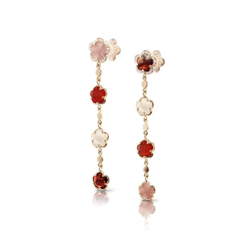 Figlia dei Fiori Pendant Earrings in 18K Rose Gold with White Moonstone, Pink Chalcedony, Carnelian, Red Garnet, White and Champagne Diamonds.