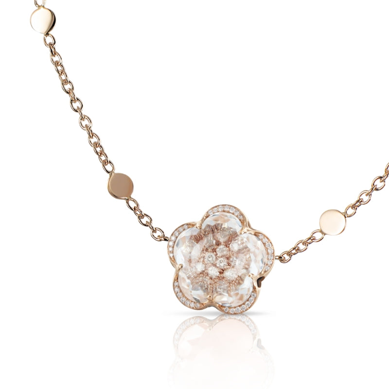 Bon Ton Necklace in 18K Rose Gold with Rock Crystal, White and Champagne Diamonds.