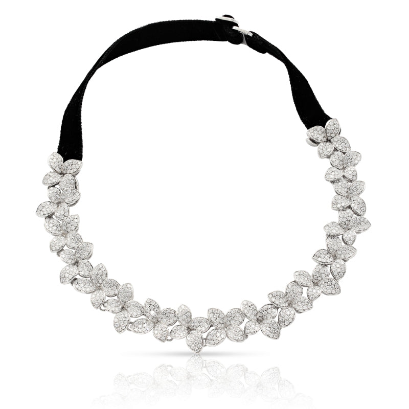 Goddess Garden Choker Combination in 18K White Gold with White Diamonds and Velvet Strap.