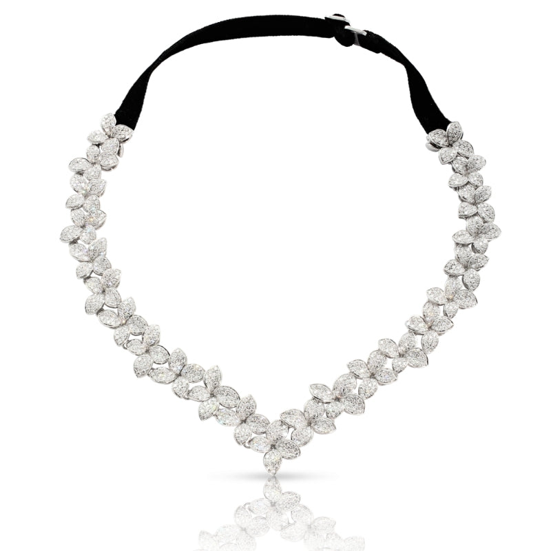 Goddess Garden Collier Combination in 18K White Gold with White Diamonds and Velvet Strap.