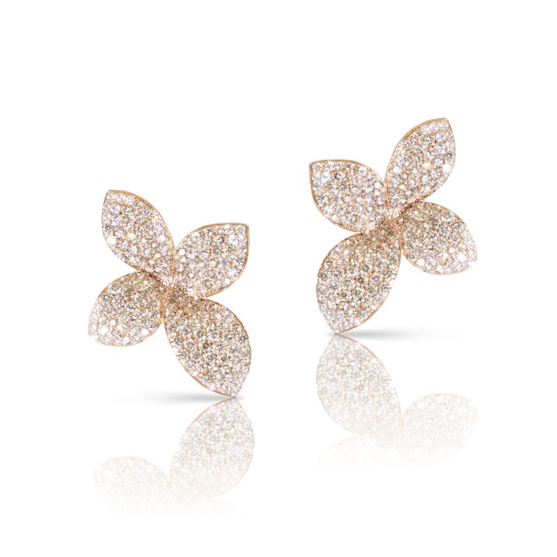 Giardini Segreti Small Flower Earrings in 18K Rose Gold with White and Champagne Diamonds.