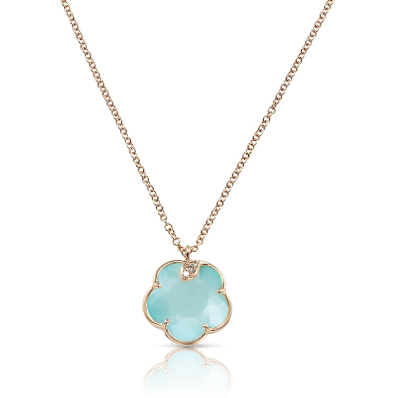 Petit Joli Necklace in 18K Rose Gold with Sea Moon Gem made of Turquoise and White Moonstone Doublet, White and Champagne Diamonds.
