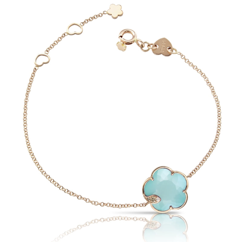 Petit Joli Bracelet in 18K Rose Gold with Sea Moon Gem made of Turquoise and White Moonstone Doublet, White and Champagne Diamonds.