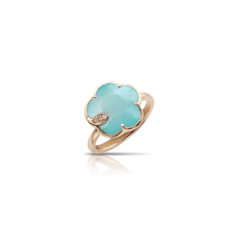 Petit Joli Ring in 18K Rose Gold with Sea Moon Gem made of Turquoise and White Moonstone Doublet, White and Champagne Diamonds.