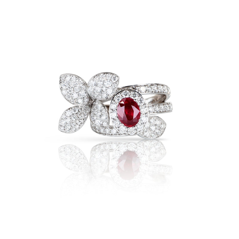 Heart to Earth Ring in 18K White Gold with Oval Ruby 6x8mm and White Diamonds.