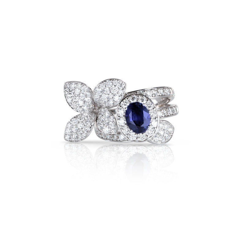 Heart to Earth Ring in 18K White Gold with Oval Blue Sapphire 6x8mm and White Diamonds.