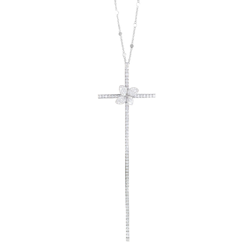 Heart to Earth Long Cross Necklace in 18K White Gold with White Diamonds.