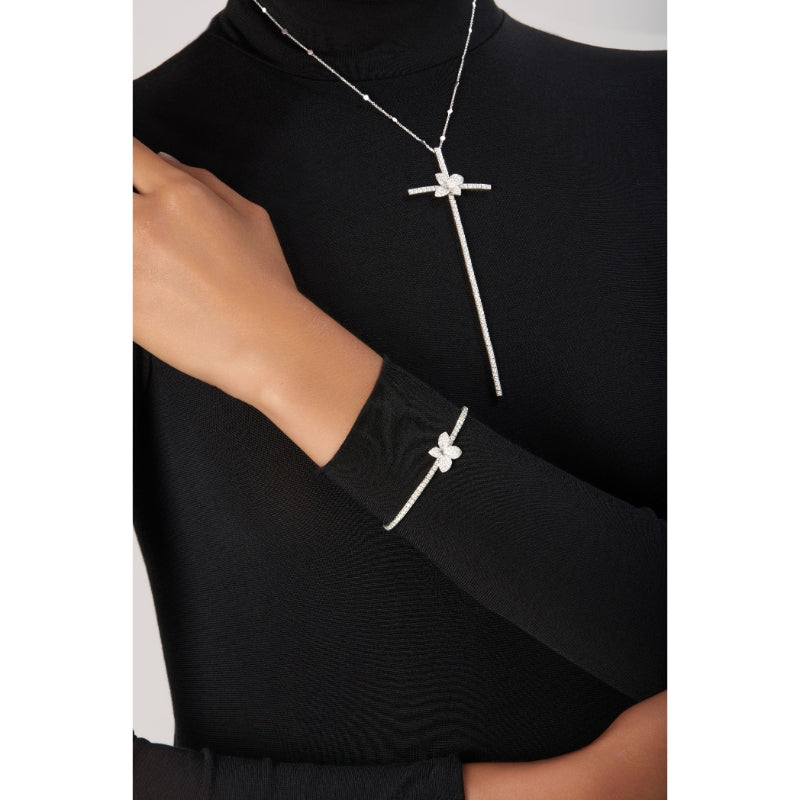 Heart to Earth Long Cross Necklace in 18K White Gold with White Diamonds.