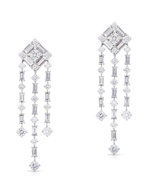 18K WHITE GOLD DIAMOND CLASSIC BAGUETTE CHANDELLIER EARRINGS - FG VS-SI