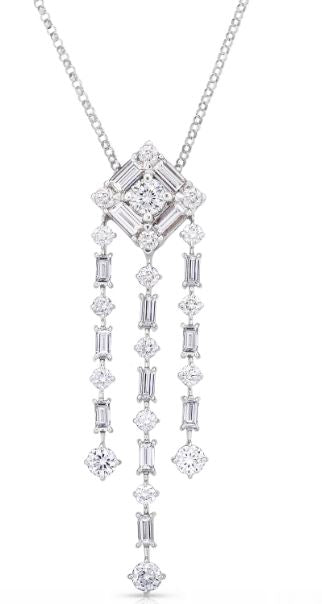 18K WHITE GOLD DIAMOND CLASSIC BAGUETTE CHANDELLIER NECKLACE - FG VS-SI