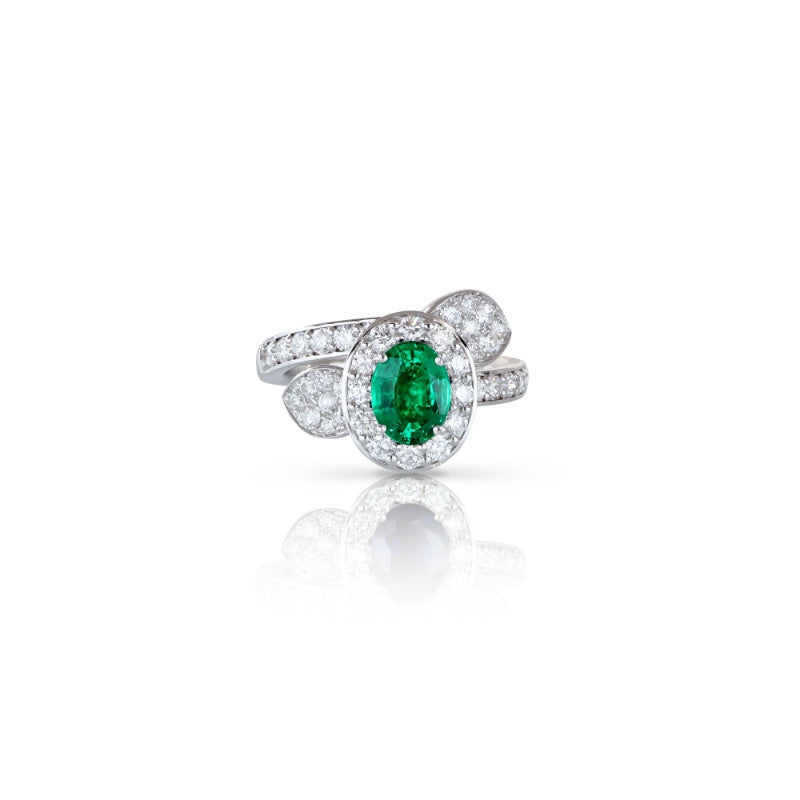 Heart to Earth Ring in 18K White Gold with Oval Emerald 6x8mm and White Diamonds.