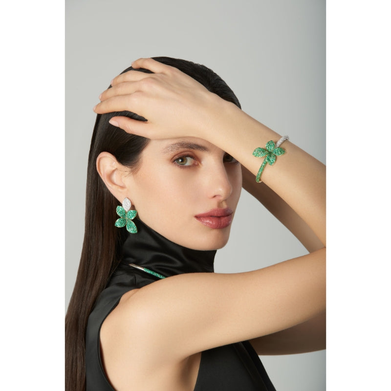 Giardini Segreti Green Soul Bracelet in 18K White and Yellow Gold with White Diamonds and Emeralds.