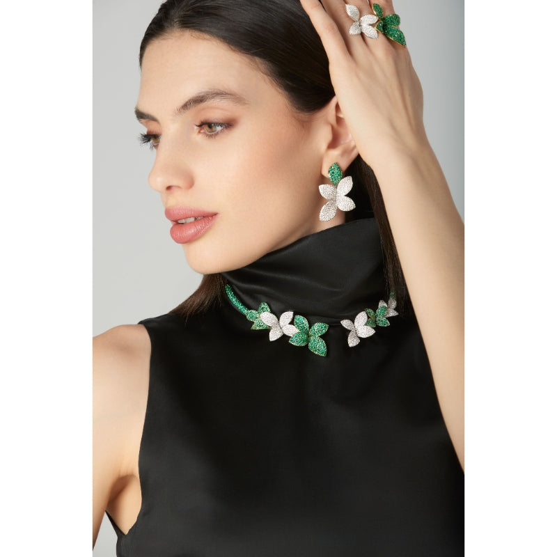 Giardini Segreti Green Soul Double Ring in 18K White and Yellow Gold with White Diamonds and Emeralds.