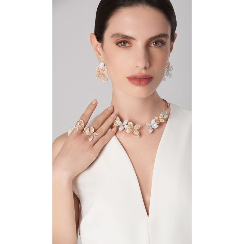 Giardini Segreti Five Leaves Earrings in 18K Rose and White Gold with White and Champagne Diamonds.