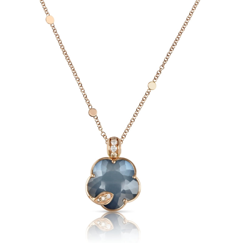 Petit Joli Lunaire Necklace in 18K Rose Gold with Lunar Night Blue Gem made of Onyx and White Moonstone, White and Champagne Diamonds.