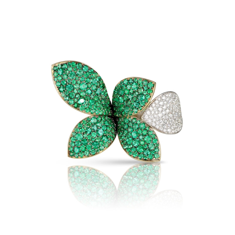 Giardini Segreti Green Soul Five Leaves Ring in 18K White and Yellow Gold with Diamonds and Emeralds.