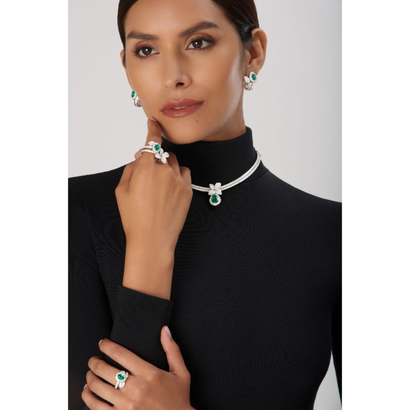 Heart to Earth Ring in 18K White Gold with Oval Emerald 6x8mm and White Diamonds.