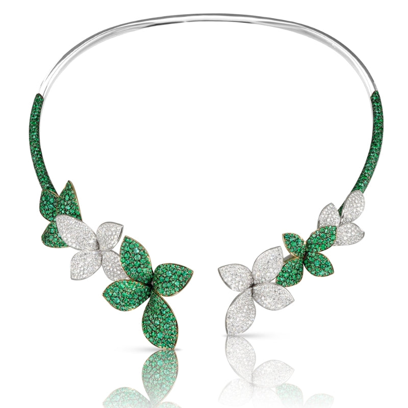 Giardini Segreti Green Soul Multi Flower Collier in 18K White and Yellow Gold with Diamonds and Emeralds.