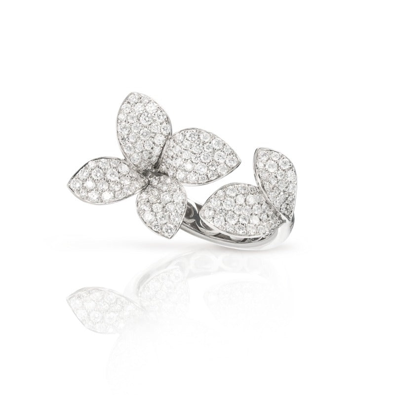 Giardini Segreti Six Leaves Small Flower Ring in 18K White Gold with Diamonds.