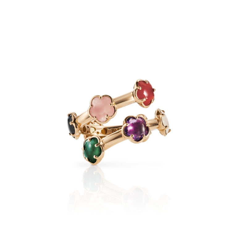 Figlia dei Fiori Ring in 18K Rose Gold with Green Agate, Red Carnelian, Onyx, White Moonstone, Pink Chalcedony, Citrine, Amethyst, London Blue Topaz and Diamond.