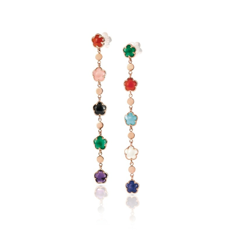 Figlia dei Fiori Earrings in 18K Rose Gold with Green Agate, Red Carnelian, Onyx, White Moonstone, Pink Chalcedony, Amethyst, Lapis Lazuli, Turquoise.