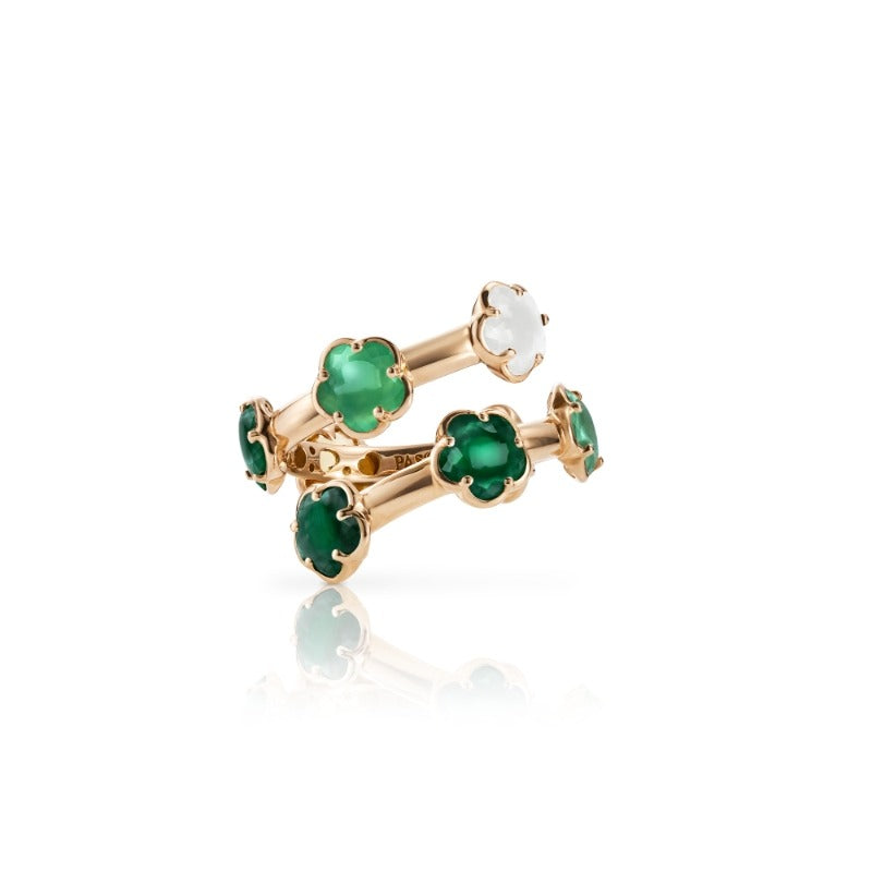 Figlia dei Fiori Ring in 18K Rose Gold with Green Agate, White Moonstone, Malachite, Chrysoprase, Prasiolite, Green 
Aventurine and Diamond.