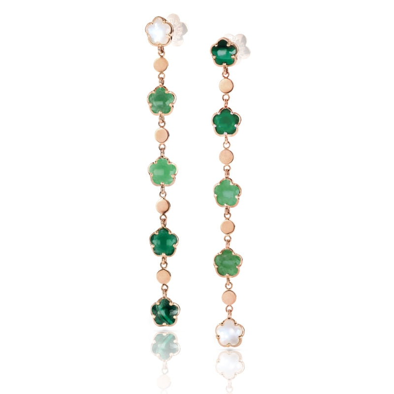 Figlia dei Fiori Earrings in 18K Rose Gold with Green Agate, White Moonstone, Malachite, Chrysoprase, Green Aventurine.