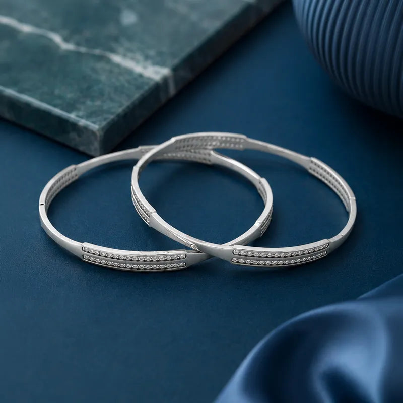 White Gold bangles with CZ - Set of 2, Size 2.6