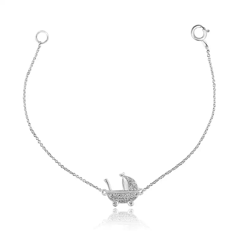 Delicate 18K White Gold Baby Bracelet with Adorable Pram Car Charm