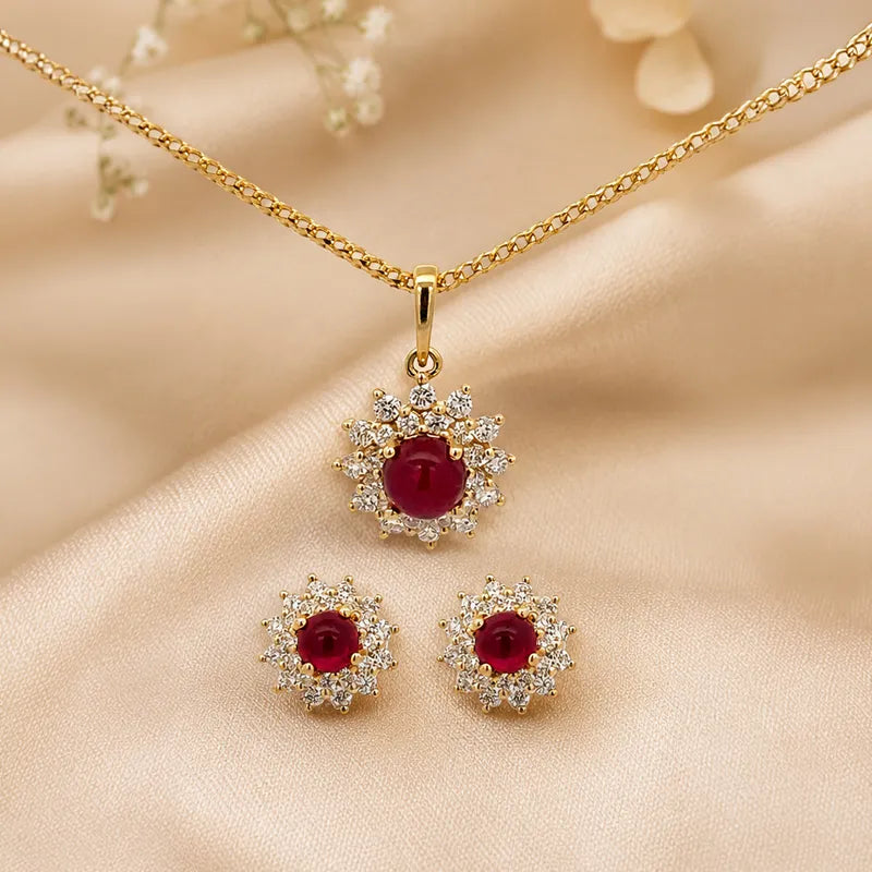Floral Ruby Diamond Pendant Set in 18K Gold