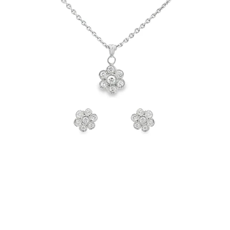 Elegant Floral Platinum Diamond Pendant Set