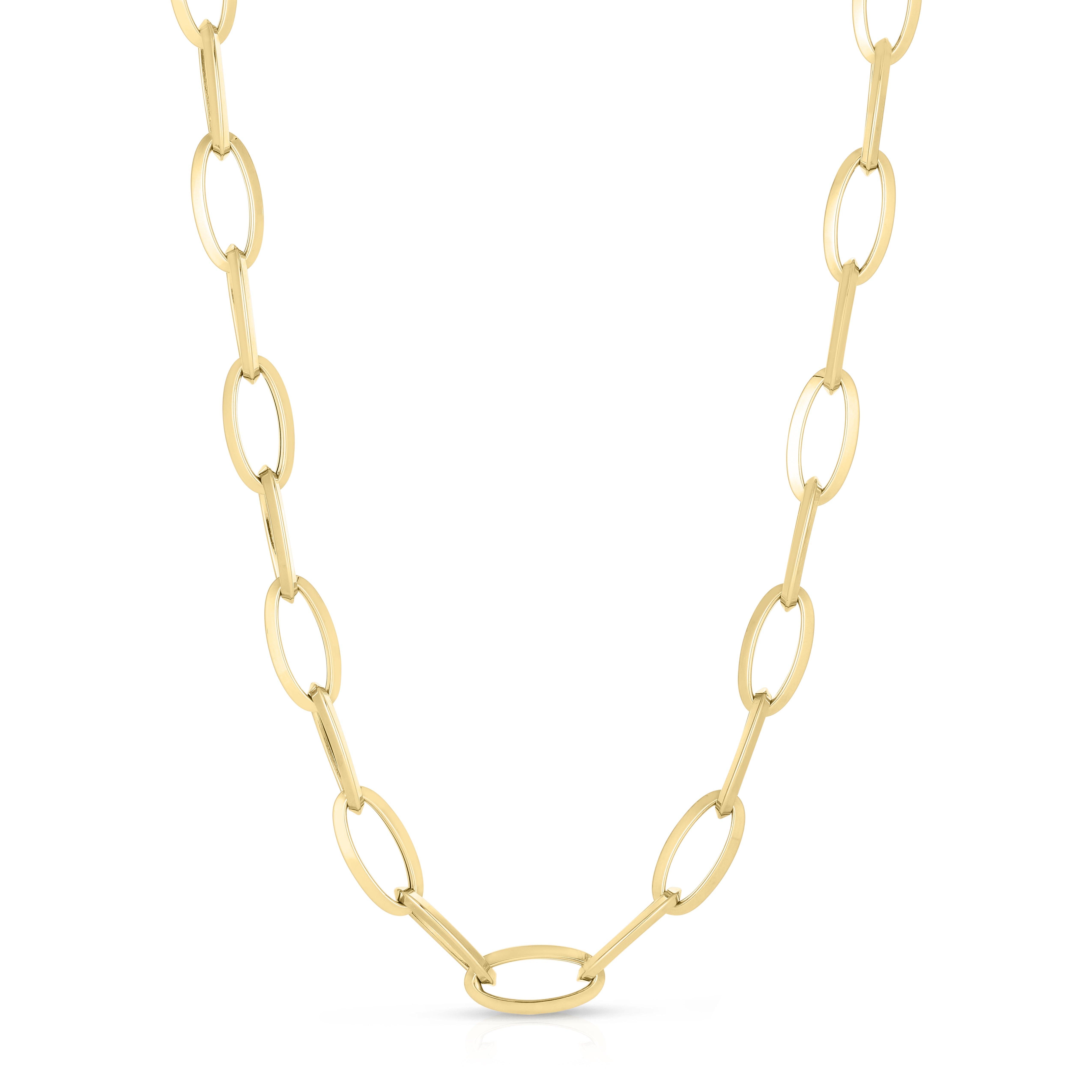 18K YELLOW DESIGNER GOLD KNIFE EDGE OVAL LINK NECKLACE