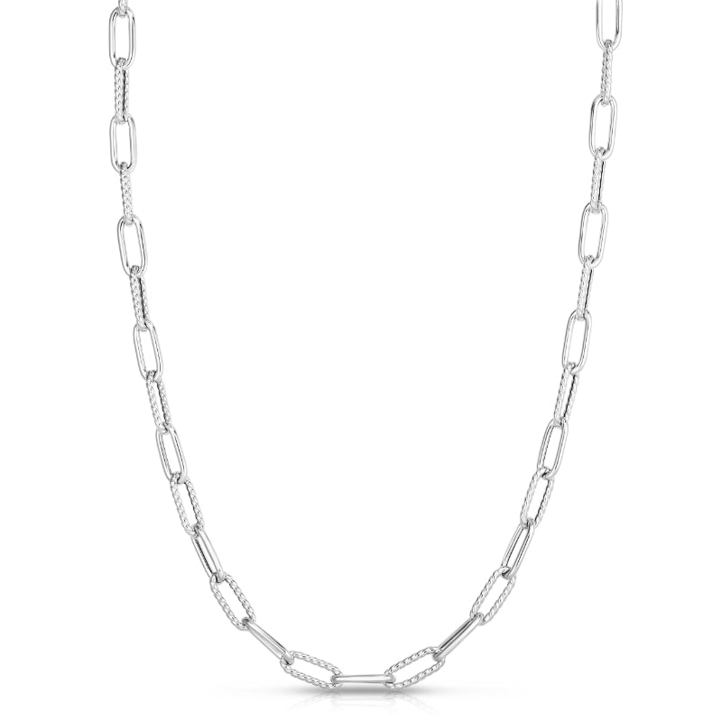 18K WHITE DESIGNER GOLD ALTERNATING POLISHED & FLUTED PAPERCLIP LINK NECKLACE