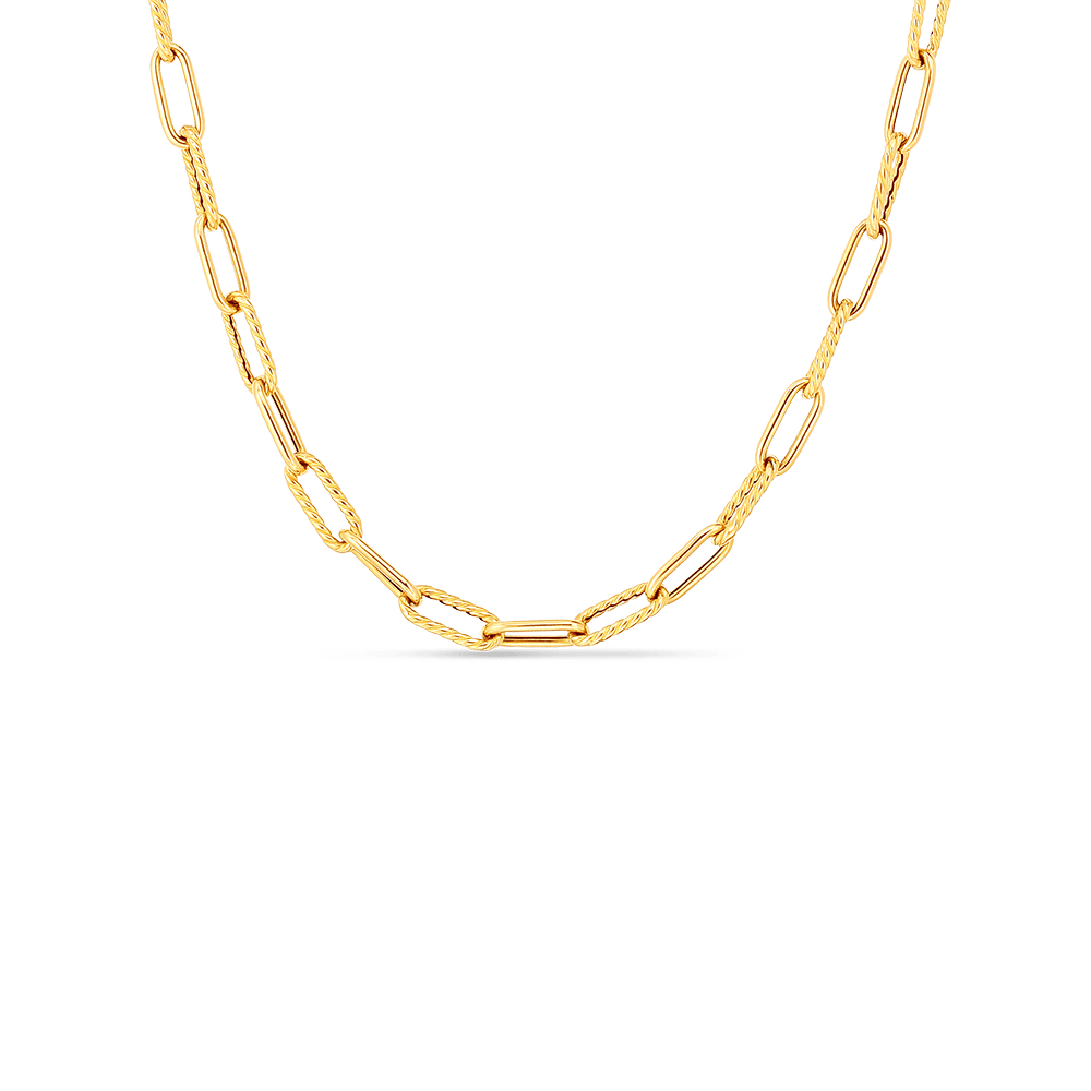18K YELLOW DESIGNER GOLD ALTERNATING POLISHED & FLUTED PAPERCLIP LINK NECKLACE