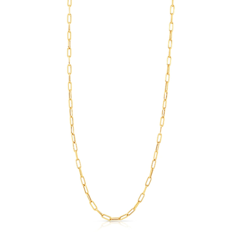 18K YELLOW DESIGNER GOLD ALTERNATING POLISHED & FLUTED PAPERCLIP LINK NECKLACE