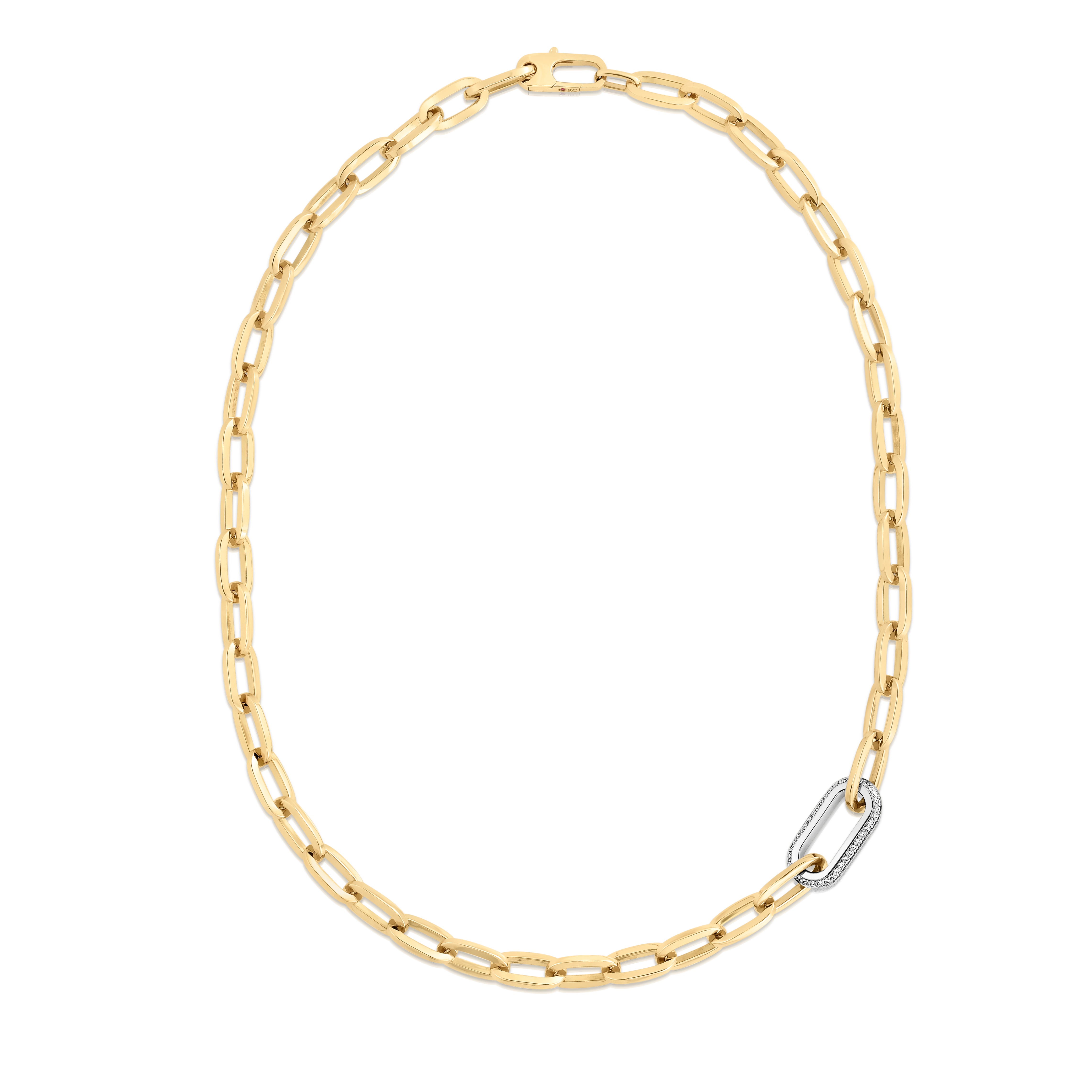 18K YELLOW/WHITE DESIGNER GOLD SINGLE LARGE DIAMOND LINK PAPERCLIP NECKLACE