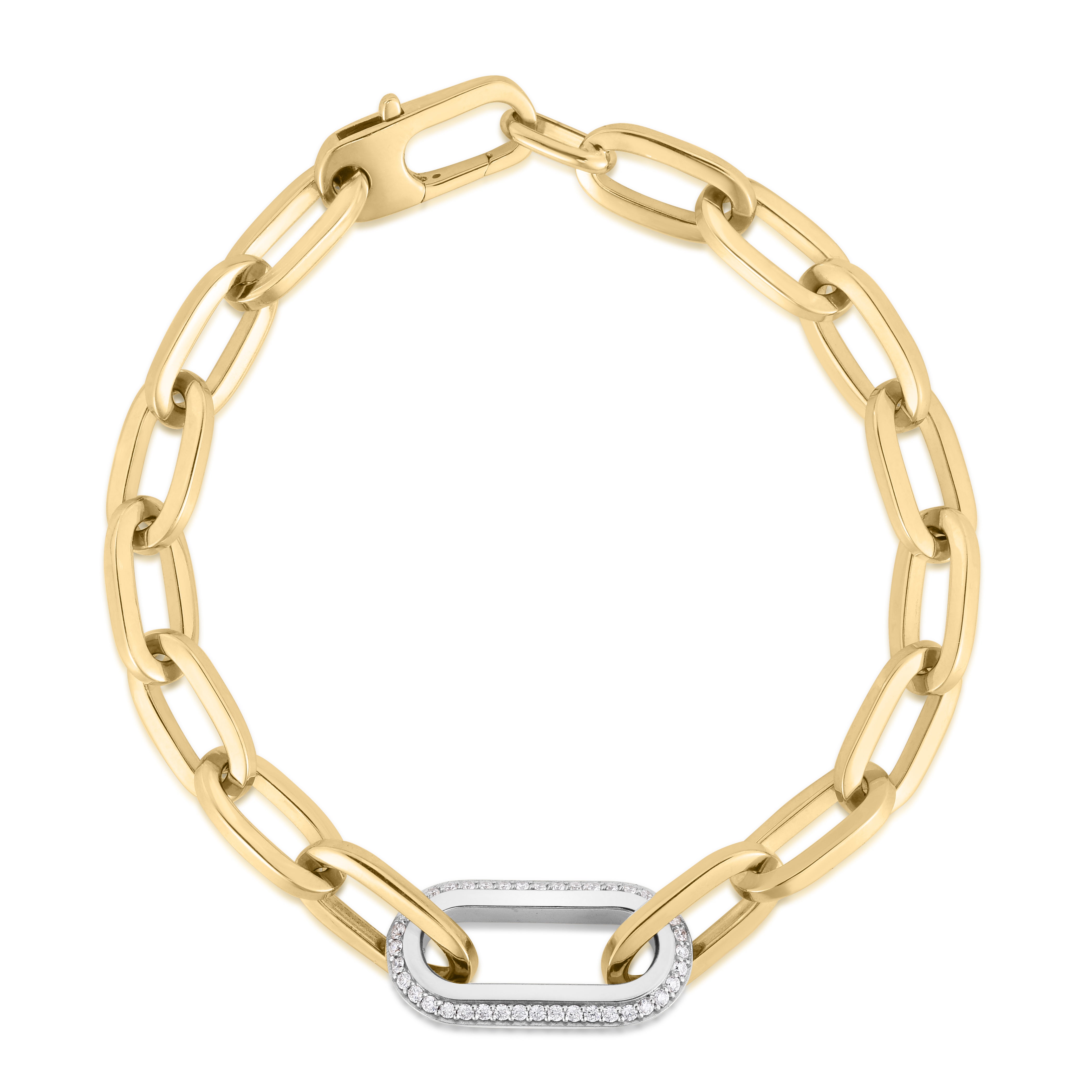 18K YELLOW/WHITE DESIGNER GOLD SINGLE LARGE DIAMOND LINK PAPERCLIP BRACELET
