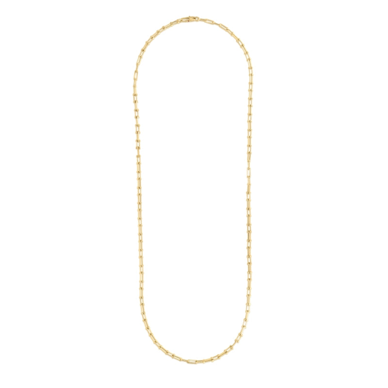 18K YELLOW DESIGNER GOLD ALTERNATING BEADED END & PAPERCLIP LINK LONG NECKLACE