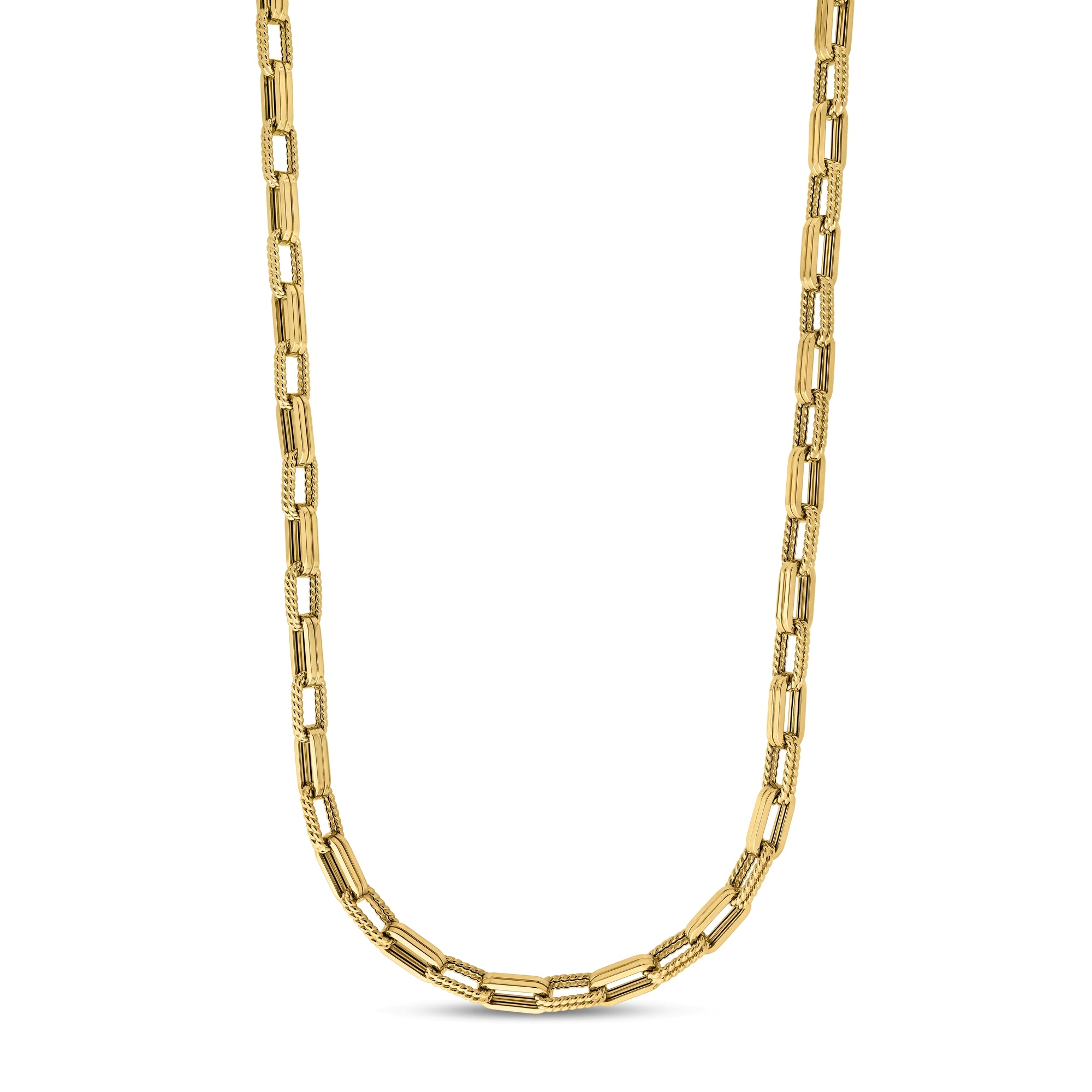 18K YELLOW DESIGNER GOLD CHAIN ALTERNATING RECTANGULAR LINK CHAIN NECKLACE