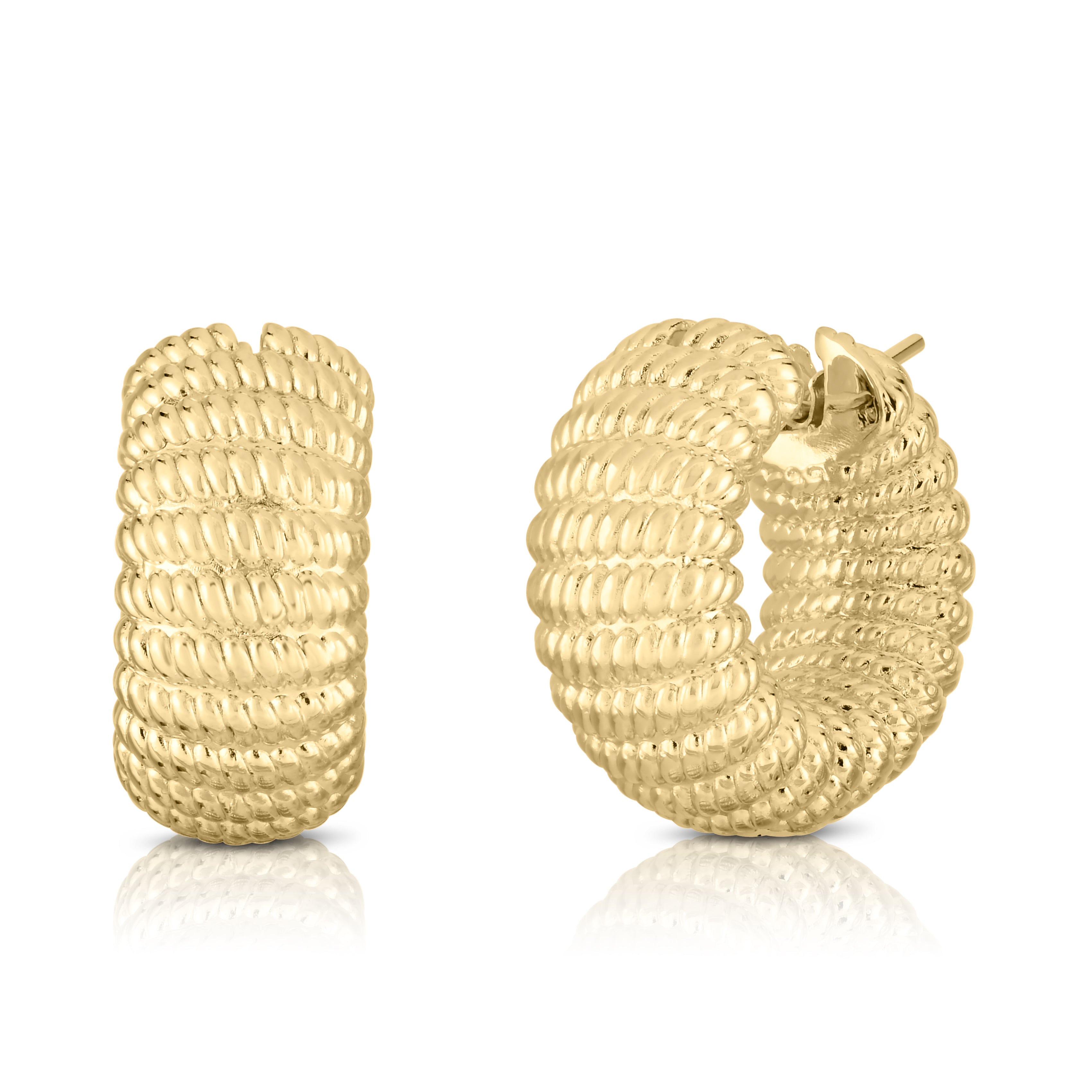 18K YELLOW DESIGNER GOLD RIDGED WIDE HOOP EARRRINGS